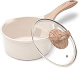 JEETEE Kochtopf 16 cm, 1.5L Kochtöpfe mit Deckel, Milchtopf Mit Hitzebeständigem Griff und Ausguss, Granit-Antihaft Topf Induktion, Stielkasserolle Geeignet für alle Herde, Beige