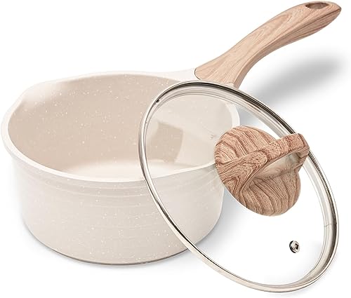 JEETEE Kochtopf 16 cm, 1.5L Kochtöpfe mit Deckel, Milchtopf Mit Hitzebeständigem Griff und Ausguss, Granit-Antihaft Topf Induktion, Stielkasserolle Geeignet für alle Herde, Beige