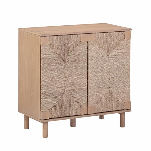Image of Nathan James Beacon Boho Accent Cabinet with Doors, Free Standing Kitchen Cabinet Storage with Adjustable Interior Shelf and Seagrass Accent, Seagrass /Raw Oak