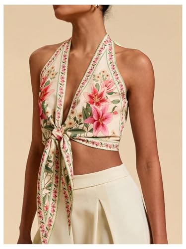 GORGLITTER Women's Floral Boho Cropped Halter Top Open Back Backless Western 2025 Going Out Tops2