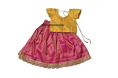 Tissue Silk & Chanderi Fabric Short Sleeve Party Wear Lehenga Choli for Girls & Kids (Color-Yellow & Hot Pink)3