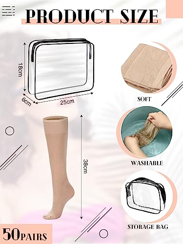 Image of 50 Pairs Sheer Knee Stockings Bulk for Women Nylon Knee Highs Pantyhose Socks for Lady with PVC Makeup Bag