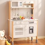 PHGLL Play Kitchen for Kids Wooden Kitchen Toy Playset w/Light and Clicking Knobs, Chef Pretend Play Set w/Microwave, Oven, Coffee Machine, Ice Maker, Telephone, Toy Kitchen Set for Toddlers (White)