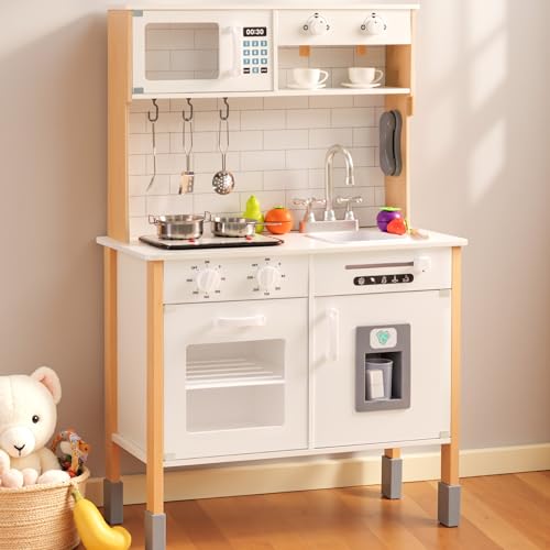 Image of PHGLL Play Kitchen for Kids Wooden Kitchen Toy Playset w/Light and Clicking Knobs, Chef Pretend Play Set w/Microwave, Oven, Coffee Machine, Ice Maker, Telephone, Toy Kitchen Set for Toddlers (White)