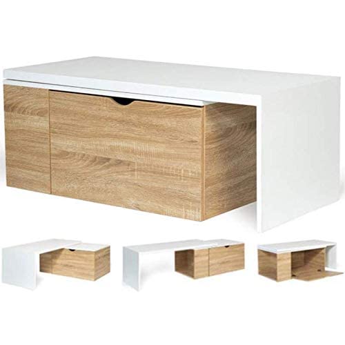 IDMarket - Table Basse rotative Bois et Blanc 360° Lizzi Extensible avec Coffre