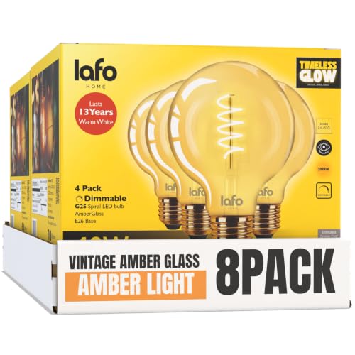 LafoHome TimelessGlow 8 Pack G25 LED Filament Bulbs, 2000K Warm Amber, Dimmable, E26 Base, 5W 40W Equivalent, Vintage Amber Glass Globe Bulbs for Bedroom, Café & Ambient Lighting