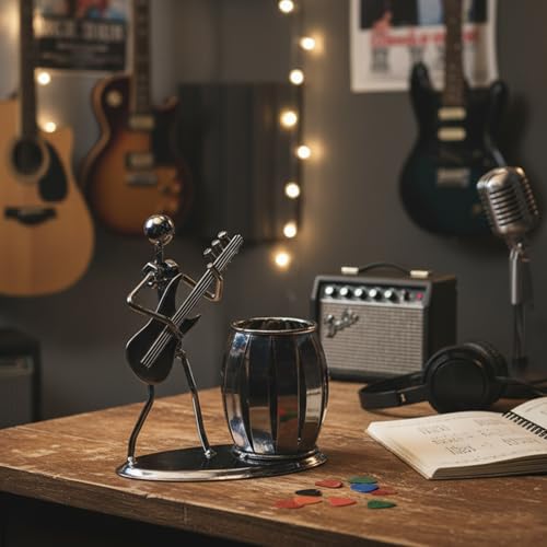 Gun Metal Gray Pencil & Pen Holder Display - Guitar Theme Desktop Supply Organizer