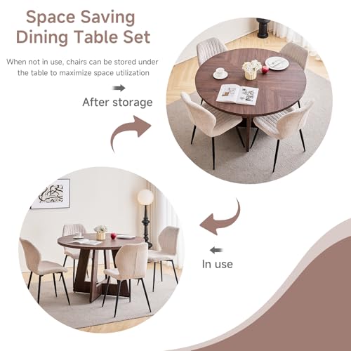 Image of 47 inch Round Dining Table Set for 4 with Chairs Kitchen Table and Chairs Set Mid-Century Modern Chair with Metal Leg for Apartment Living Room(Walnut Table with 4 Beige Chairs)