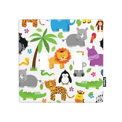 Image of Pznen Cartoon Safari Animal Double Toggle Wall Plate Cute Elephant Giraffe Lion Wildlife Woodland Standard 2 Gang Light Switch Cover Electrical Switchplate for Boys Girls Room