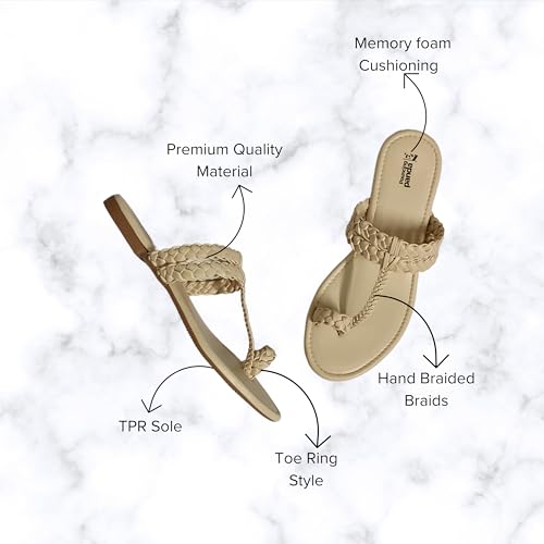 Image of Women's Round Toe Flats Sandal | Hand Braided Toe Ring Sandals | Dailywear Slippers Under 500 | Open Toe Kolhpauri Style chappal for Ethnic and Casual Occassions.