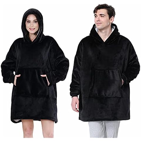 Hoodie Blanket Ultra Soft Warm Cosy Oversized Sherpa Pullover Wearable Hoodie Sweatshirt Blanket with Big Pocket One Size Fit All Women, Men, Girls, Boys, Friends, Adults, Teens | Unisex (Black) Cover