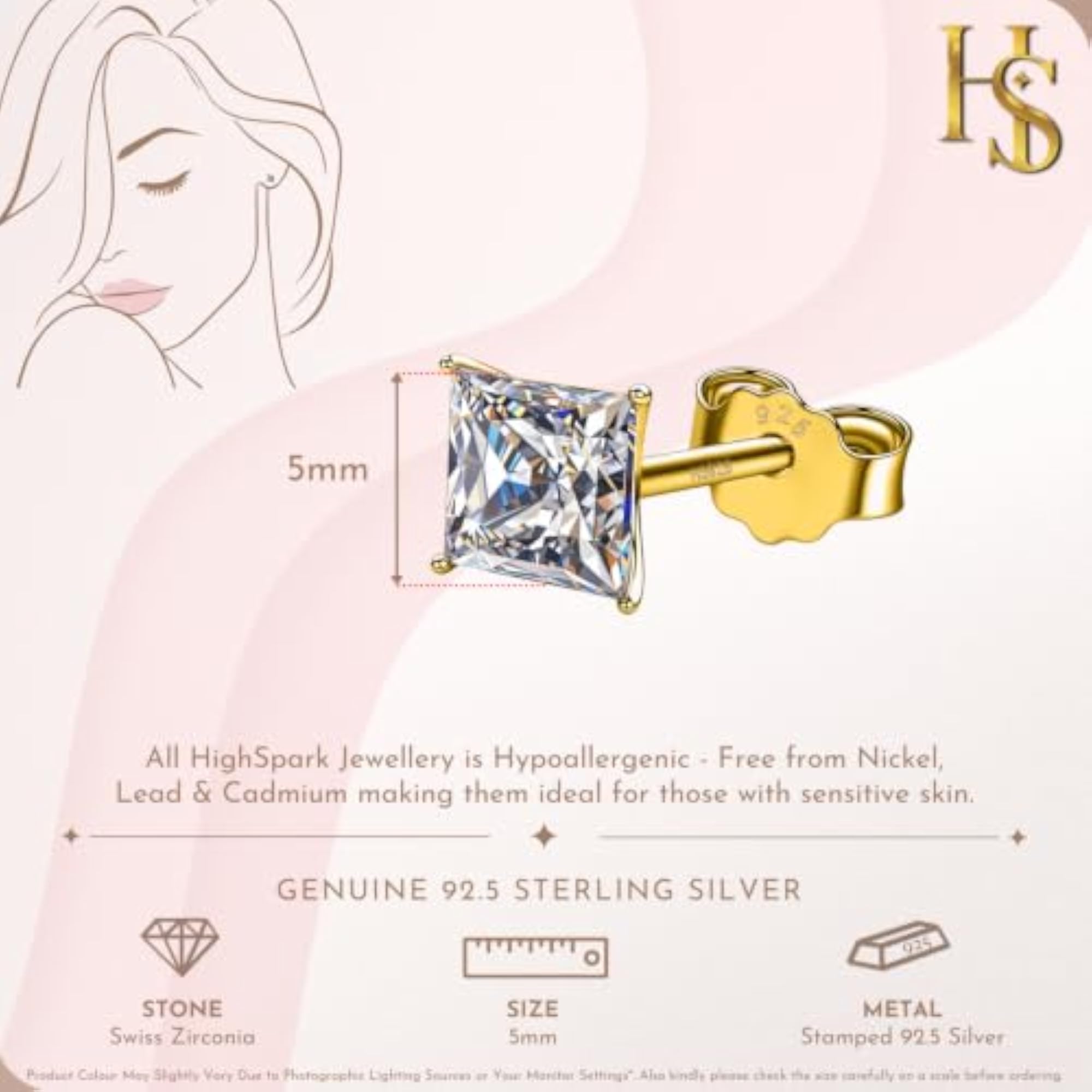 Men's 925 Sterling Silver Sparkling Martini Square Solitaire Stud Earring