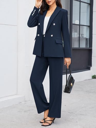Women's 2 Piece Business Casual Outfits Double Breasted Blazer Dressy Wide Leg Work Pants Suits Set4
