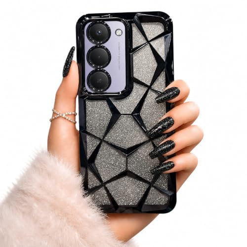 Image of VONZEE Gradient Glitter Case for Redmi 15, Luxury Electroplated 3D Cube, Diamond Bling Shiny Soft TPU Clear Shockproof Women Girls Protective Phone Cover (Black)