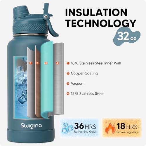 Image of Swigina Insulated Water Bottle with Silicone Boot (36hrs Cold /18hrs Hot) - DIY Stickers, Leakproof, BPA Free, 24 oz [2-IN-1 LID]