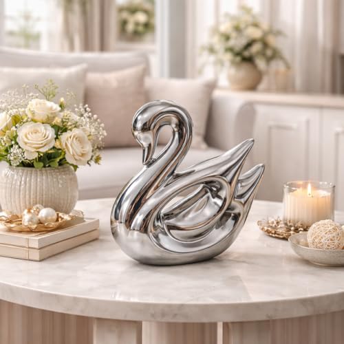 Image of Xtore Metallic Silver Swan Ceramic Figurine for Home Decor, Elegant Tabletop Accent for Living Room & Bedroom