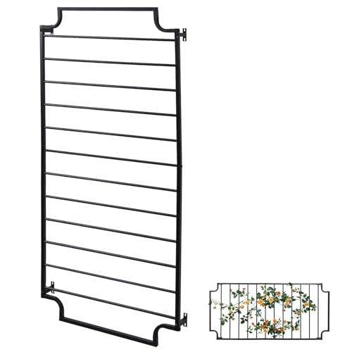 MyGift 4 Foot Tall Garden Trellis Vintage Framed Matte Black Metal Wall Mounted Horizontal Bars Trellis, Outdoor Hanging Support Frame for Climbing Garden Plants and Crawling Vines