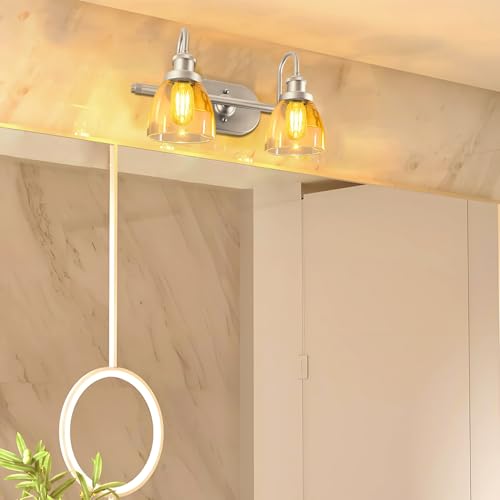 Image of Lightdot Brushed Nickel Bathroom Light Fixture, 17.5IN 2-Light Bathroom Vanity Light with Clear Glass Shades, 60W Max /120V Modern Wall Lights for Mirror Kitchen Living Room, E26 Base-Silver