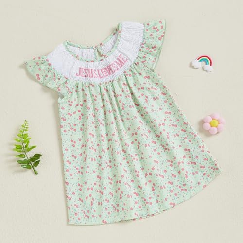 Toddler Baby Girl Christian Outfit Jesus Loves Me Dress Ruffle Sleeveless Smocked Floral Princess Dresses4