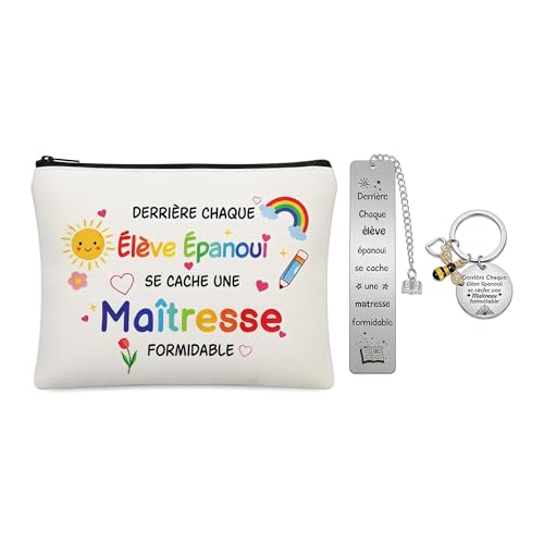 Cadeau Maitresse d'École 3 Pièces d'École Fin d'Année Aux Trousse Maquillage Femme,des Marque Page Et des Porte Clé,Merci Maitresse,Idee Cadeaus Noel...