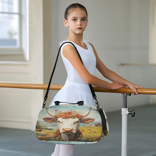 YETTASBIN Sport Travel Duffel Bag for Girls Boys, Cow Flowers Large Waterproof Weekender Overnight Bag, Detachable Shoulder Strap Gym Bag with Shoe Compartment & Wet Pocket 6