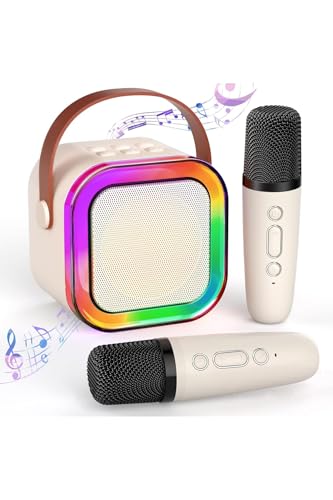 Hoparlör, Mini Kablosuz Bluetooth Karaoke Çift Mikrofonlu Çocuk Karaoke Seti Bej