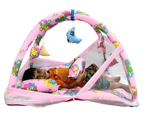 Baby Play Gym Mosquito Net Bed Jumbo Size with 3 Pillow 1 Square 2 Roll | Playing Mattress | for New Born Baby | Boys & Girls | (0-24 Months, Pink Cartoon Print)
