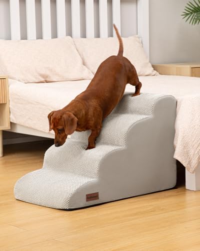 Image of Aodisman Dog Steps for Bed or Couch,4 Step Pet Stairs for Small Dogs & Cat | Curved dog ramp help small dogs,senior cats and puppies get on and off couches and beds,non-slip bottom,17.4 inch H,Light Grey