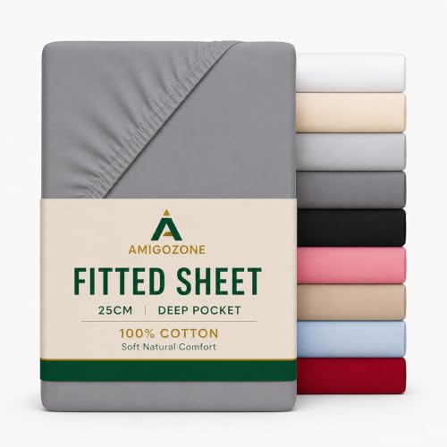 Image of AmigoZone Egyptian Cotton 200 Thread Count 25CM/10" Deep Fitted Sheet (4FT Small Double, Grey)