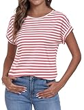 Camiseta Manga Corta Mujer Cuello Redondo Top Mujer a Rayas Camisetas Basicas Corte Holgado y Cómodo Blusa Casual de Verano Diseño Ligero y Transpirable Ideal para Uso Diario Rosa L