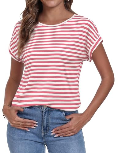Terecey Womens Striped Tshirts Cotton Crew Neck Short Sleeve Shirts for Ladies Elegant Loose Fit Tee Summer Plus Size Tops, Navy Blue+White Stripes L
