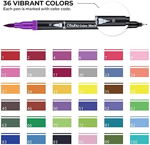 Ohuhu Colouring Pens, 36 Dual Tip Brush Pens with Fineliner & Brush Tip, Felt Tip Pens for Adults Watercolour Marker for Calligraphy Drawing Sketching Colouring Book, Christmas Gift