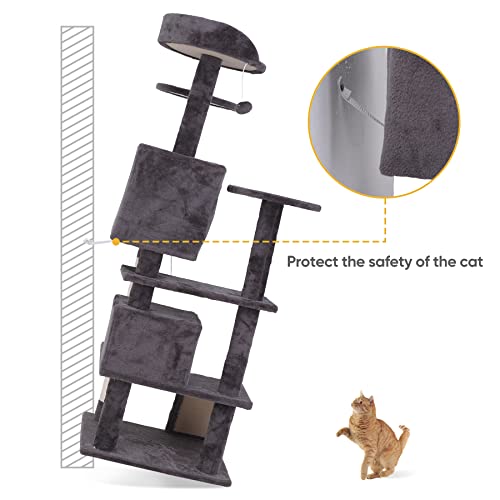 Torre para gatos multi-niveles de 53 pulgadas con caseta y postes rascadores gris miniatura 7