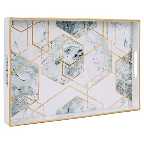 Plastic Decorative Tray, Rectangular Serving Tray with Handles, Marbling Vanity Tray and Coffee Table Tray for Ottoman, Bathroom, 15.6” x 10.2”, White Cover