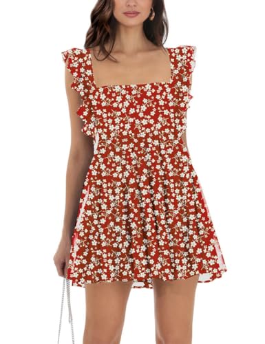 Image of Women's Summer Square Neck Tie Back Ruffle Sleeve Tiered Casual A-Line Short Mini Dress