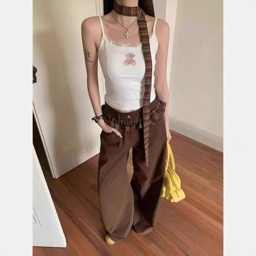 Women's Checkered lace high Waisted Wide Leg Jeans, Loose and Casual Floor Length Straight Leg Pants2