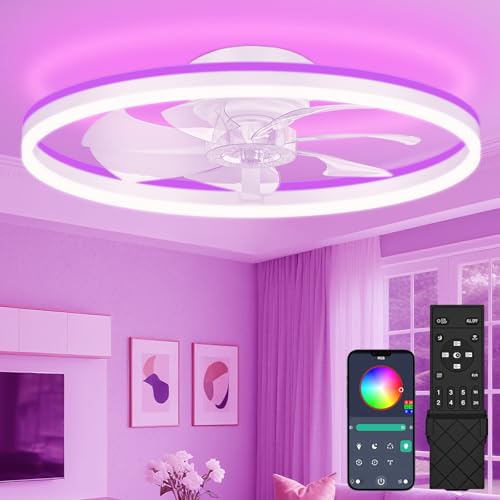 Image of VOLISUN RGB Ceiling Fans with Lights and Remote, 23.6in Low Profile Ceiling Fans with Lights Flush Mount, 3000K-6500K Dimmable Fandelier LED Fan Light, White Bladeless Ceiling Fans for Bedroom
