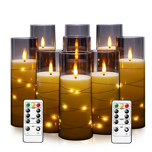 Flameless LED Candles with Timer 9 Pc Flickering Flameless Candles for Romantic Ambiance and Home Decoration Stable Acrylic Shellwith Embedded Star StringBattery Operated CandlesGrey