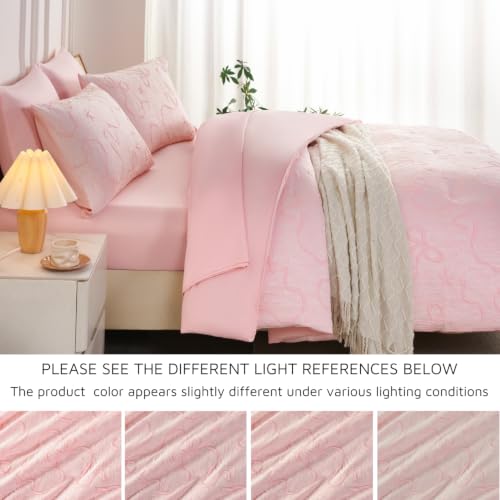 Image of PERFEMET Girls Bedding Set Full Size - 5 Pieces Pink Bow Comforter Set Full Bed in a Bag with Sheets, Soft All Season Embossed Bowknot Jacquard Bedding Comforter Set Cute Bedroom Decor