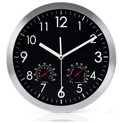 WOOPHEN 12 Inch Silent Wall Clock with Temperature and Humidity Cover