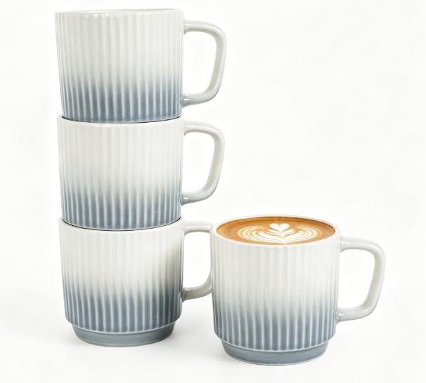 8 oz Stackable Coffee Mugs Set of 4 Ceramic Coffee Mugs Cappuccino Cups Set for Hot Drinks Latte Cappuccino Cocoa & Tea Catering Mugs Cup Set for Home & Office Use Gift for Coffee Lovers