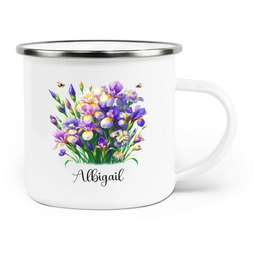 Personalized Iris Coffee Cup, Iris Flower Camper Cup Gifts for Birthday, Custom Name Flower Lover Enamel Camping Mug 12Oz, Floral Iris Stainless Steel Mug, Spring Flowers Iris Travel Cup For Her Wife