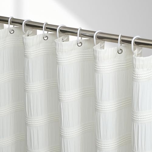 Extra Long White Shower Curtain Farmhouse,72 x 84 Cotton Blend Waffle Tufted Striped Chic Textured Fabric Shower Curtain for Bathroom, Hotel, Washable