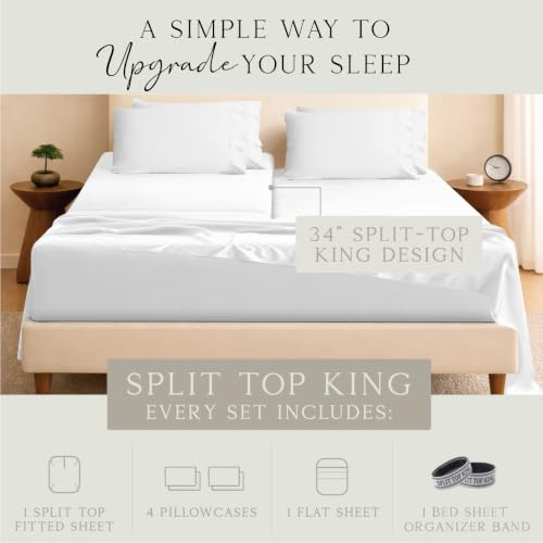 Image of KARISSA MAE 6 Piece Luxury Bamboo Viscose 34 inch Split Top King Size Sheet Set | Single 34 inch Split Fitted Sheet | Sleep Number & Adjustable Bed | Cooling | 18 inch Deep Pocket | 4 Pillowcases [White]