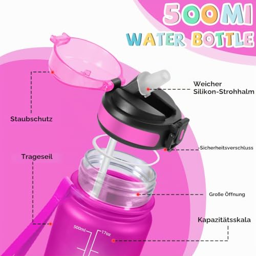Trinkflasche Kinder, Trinkflasche 500ml, Wasserflasche mit Strohhalm, Auslaufsicher, Kann mit dir Tragen, Wasserflasche mit Zeitmarkierung… – Ansicht 3
