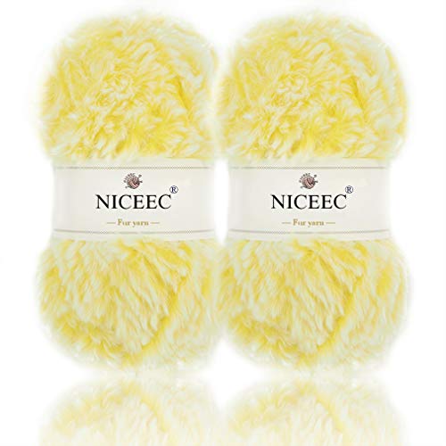 Image of NICEEC 2 Skeins Faux Fur Yarn Super Soft, Chunky & Fluffy, Eyelash Yarn for Crochet & Knitting (Total Length 70yds,3.53oz) - Yellow