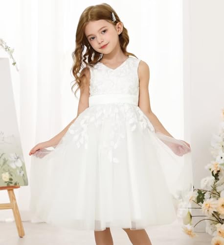 JISISANG Lace Flower Girl Dresses for Wedding Kids Puffy Tulle Communion Dress Pageant Party Prom Ball Gowns with Bow Knot2