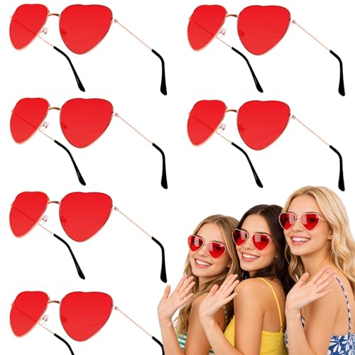 6 Paar Herzbrille Rot Set Herz Sonnenbrille Metallbrillenfassunge Party Brille Hippie Kostüm Brille Herz Herzbrillen Sonnenbrille Herz für Erwachsene Kinder Karneval Strand Hochzeit Geburtstag