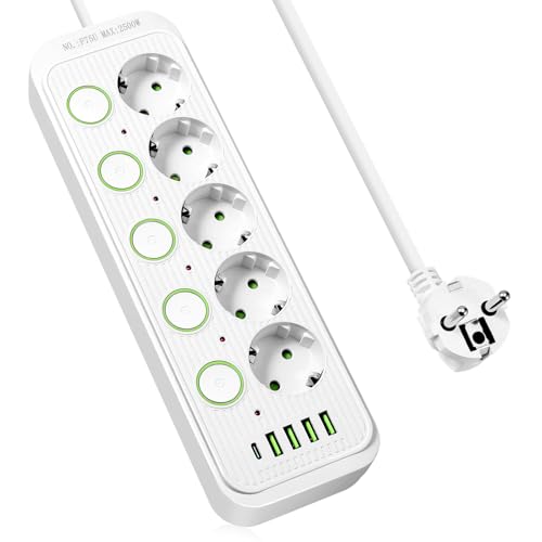 Hoppac Regletas Enchufes 5 Tomas con 4 Puertos USB A y 1 Puerto USB C (2500W 10A), 2m Regleta Enchufes Proteccion Sobretension con Interruptor Individual y Puerta de Protección Antidescarga Eléctrica