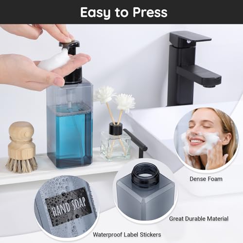 Image of Segbeauty Empty Foam Bottle for Kitchen 22oz, 2pcs Plastic Foaming Soap Dispenser Bathroom, 650ml Gray Square Foam Pump Bottle with Label Stickers, Refillable Foaming Hand Soap Dispenser Large
